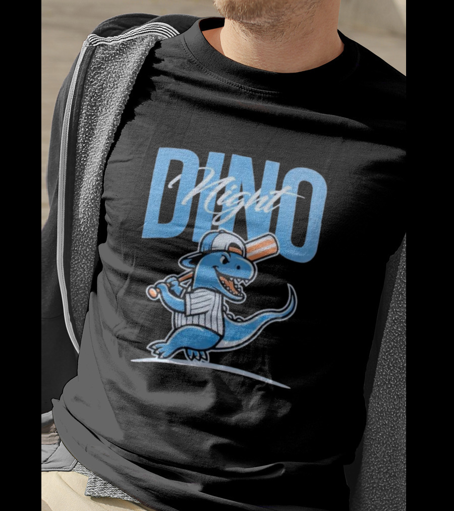 Dino Night Baseball Player Dinosaur In Cap With Bat T-Shirt