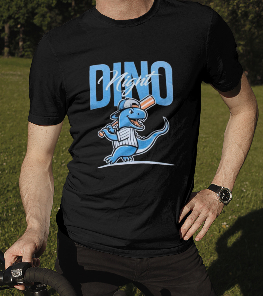 Dino Night Baseball Player Dinosaur In Cap With Bat T-Shirt