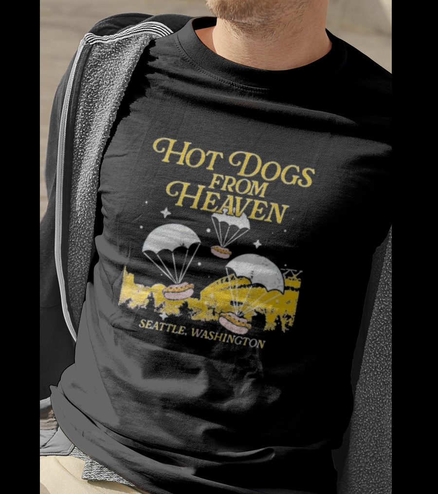 Hot Dogs From Heaven Parachuting Over Seattle Washington T-Shirt