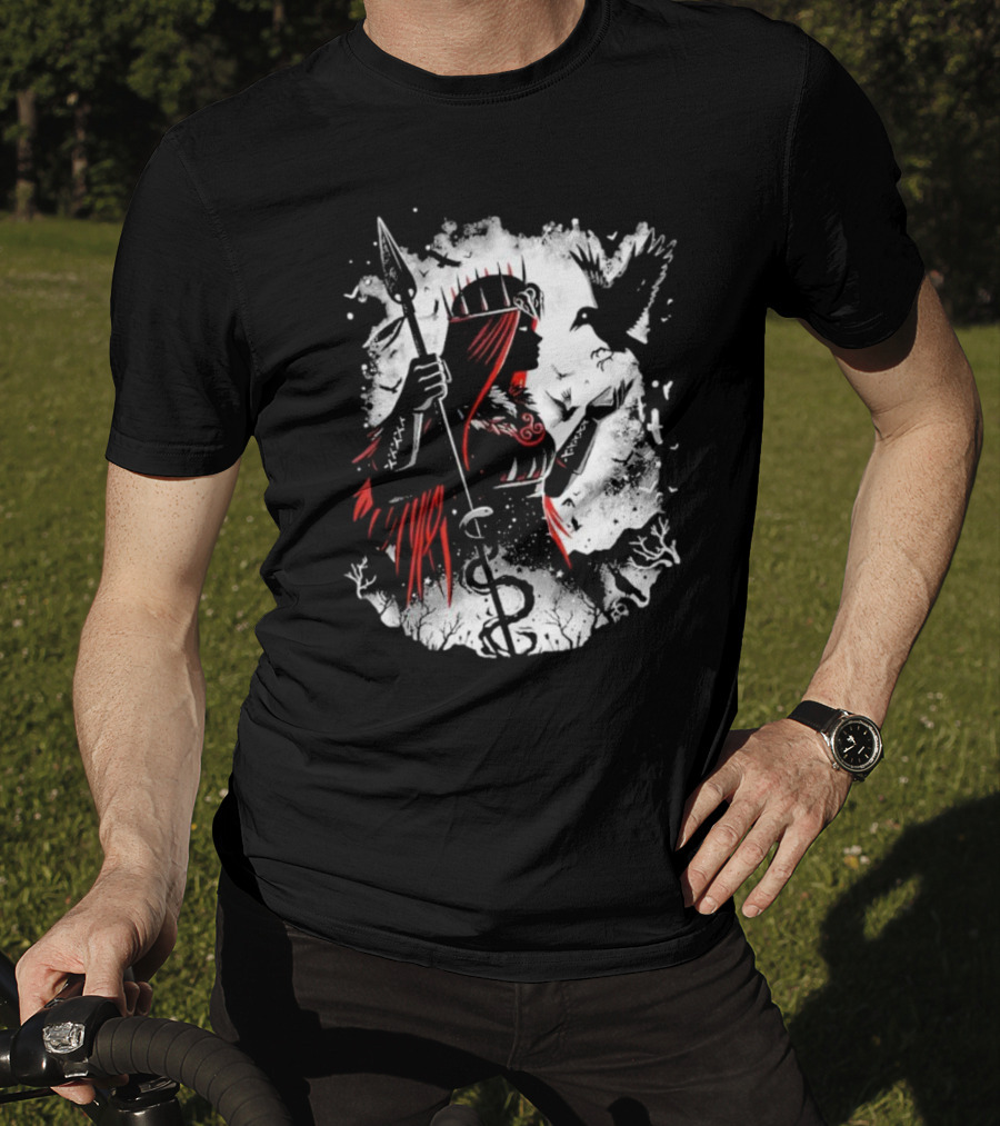 Goddess Of Fate And War With Spear And Raven T-Shirt