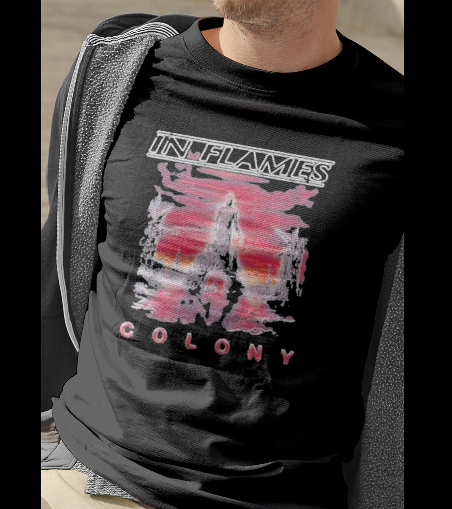 In Flames Colony Silhouette And Abstract Pink Brushstrokes T-Shirt