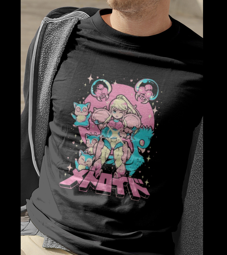 Metroid Pop Art Space Hero Anime Style Pink And Blue Retro T-Shirt