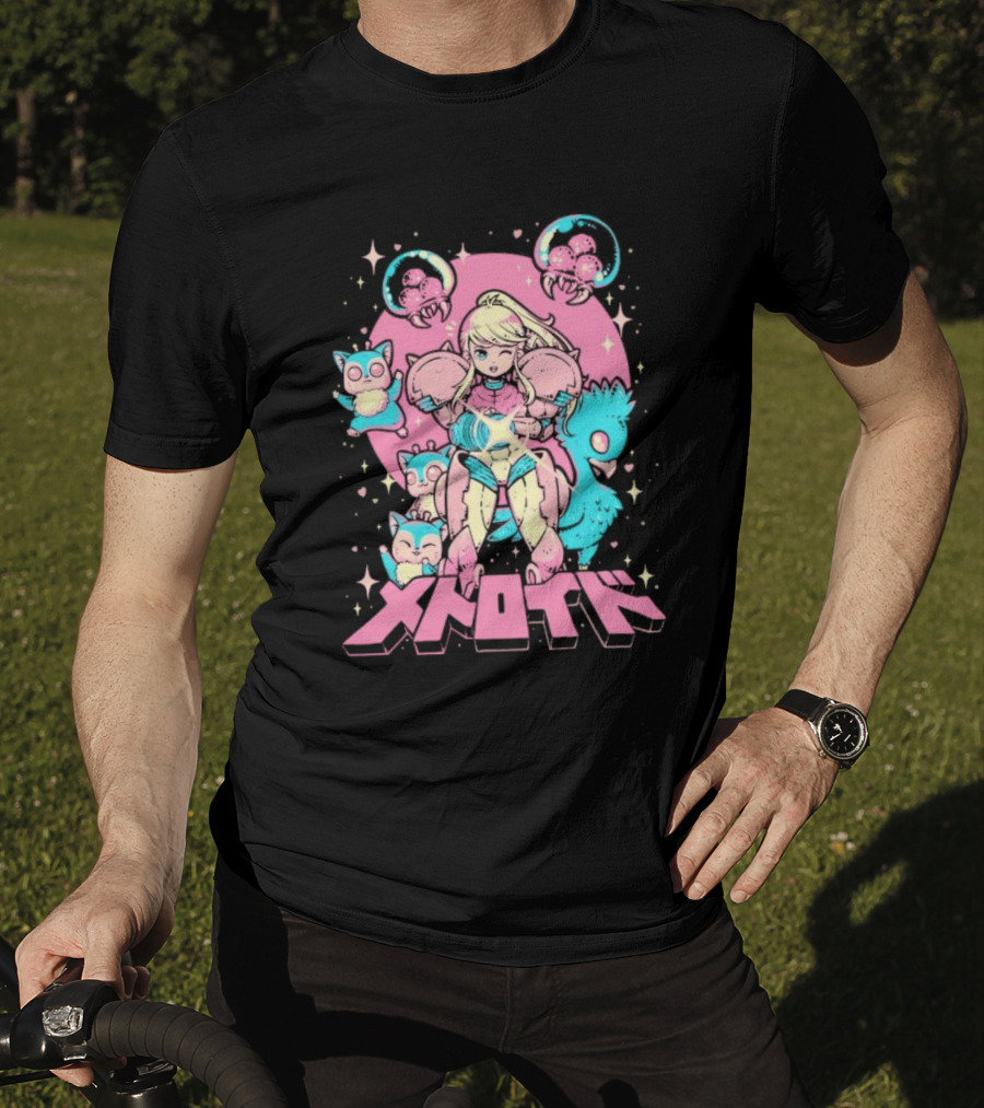 Metroid Pop Art Space Hero Anime Style Pink And Blue Retro T-Shirt