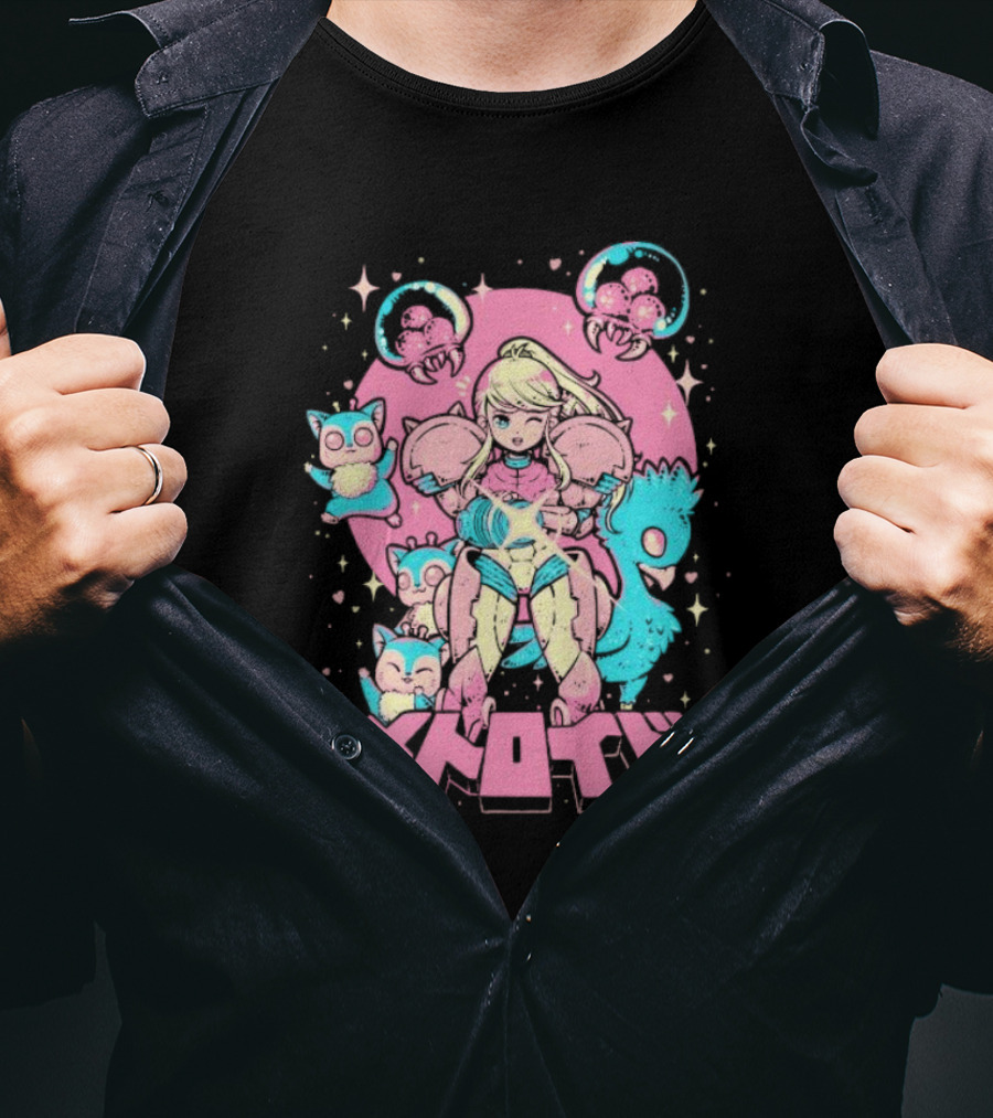 Metroid Pop Art Space Hero Anime Style Pink And Blue Retro T-Shirt