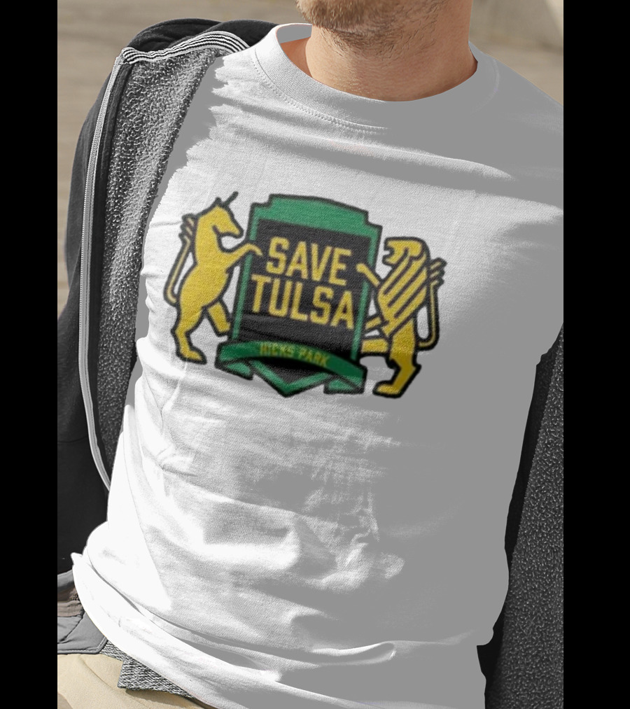 Save Tulsa Kicks Park Yellow Lion And Griffin Shield T-Shirt