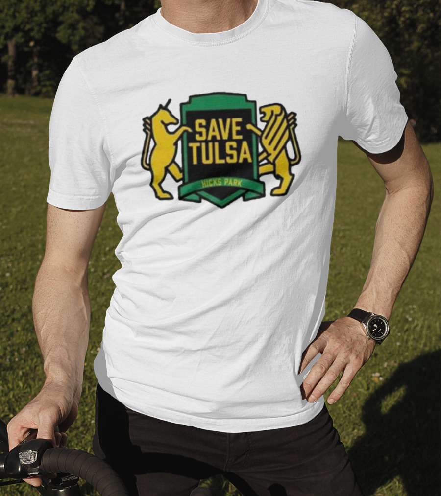 Save Tulsa Kicks Park Yellow Lion And Griffin Shield T-Shirt