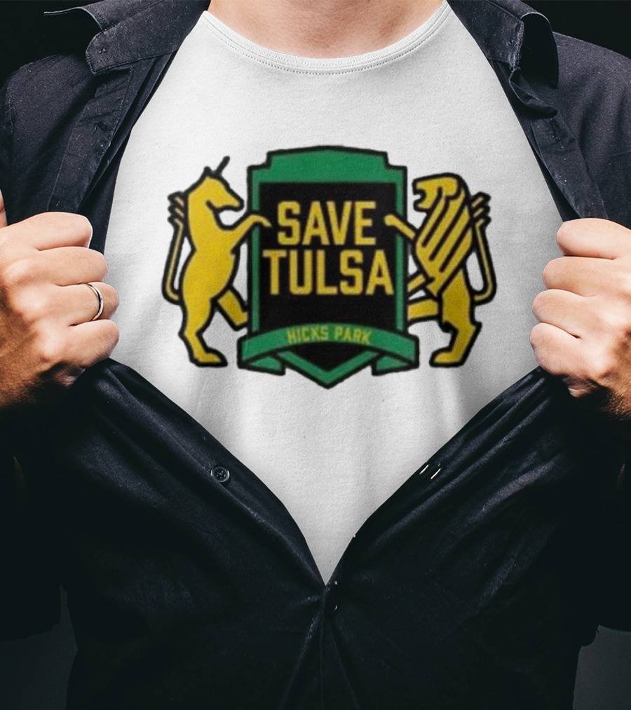 Save Tulsa Kicks Park Yellow Lion And Griffin Shield T-Shirt
