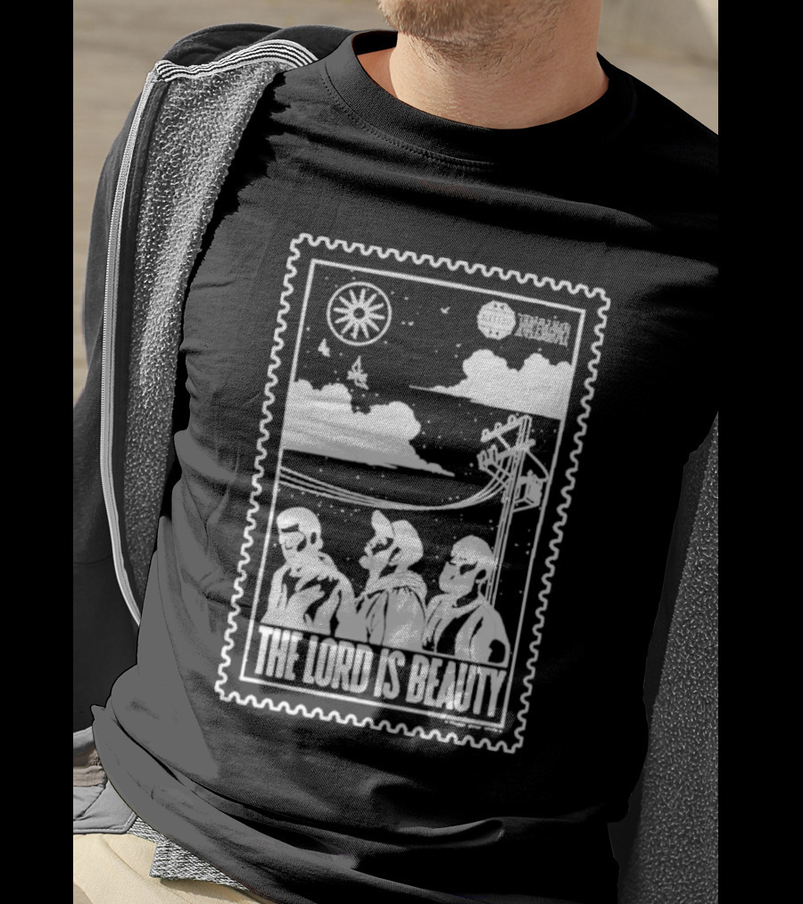 The Lord Is Beauty Three Figures Under Night Sky Clouds Birds Sun And Powerlines T-Shirt