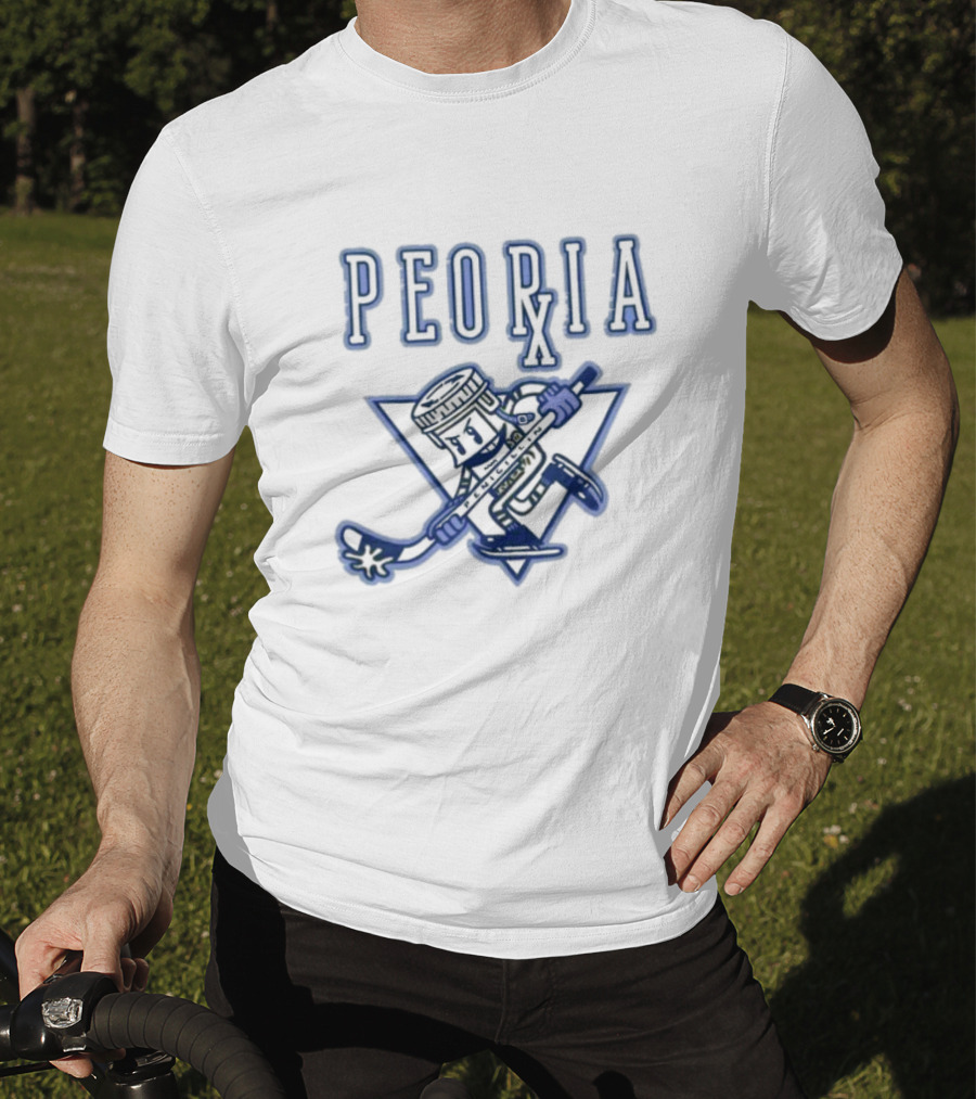 Peoria Hockey Mascot Penicillin Character With Syringe And Hockey Stick T-Shirt