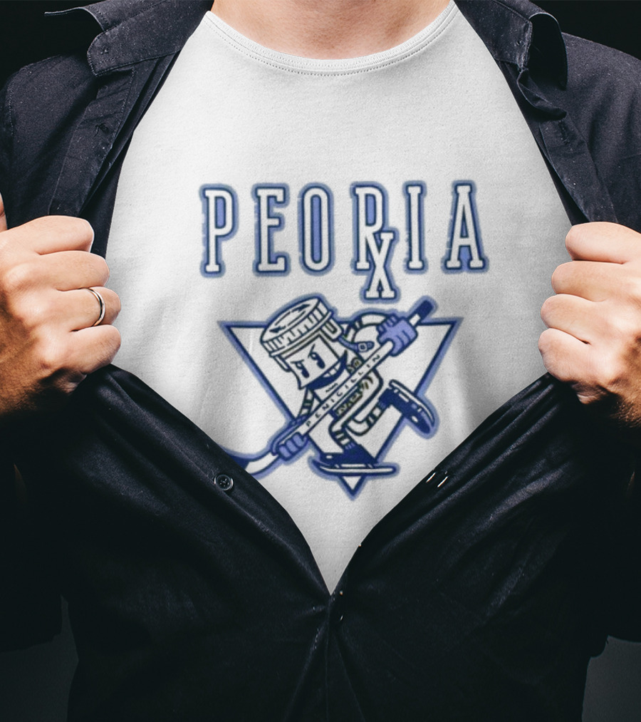 Peoria Hockey Mascot Penicillin Character With Syringe And Hockey Stick T-Shirt