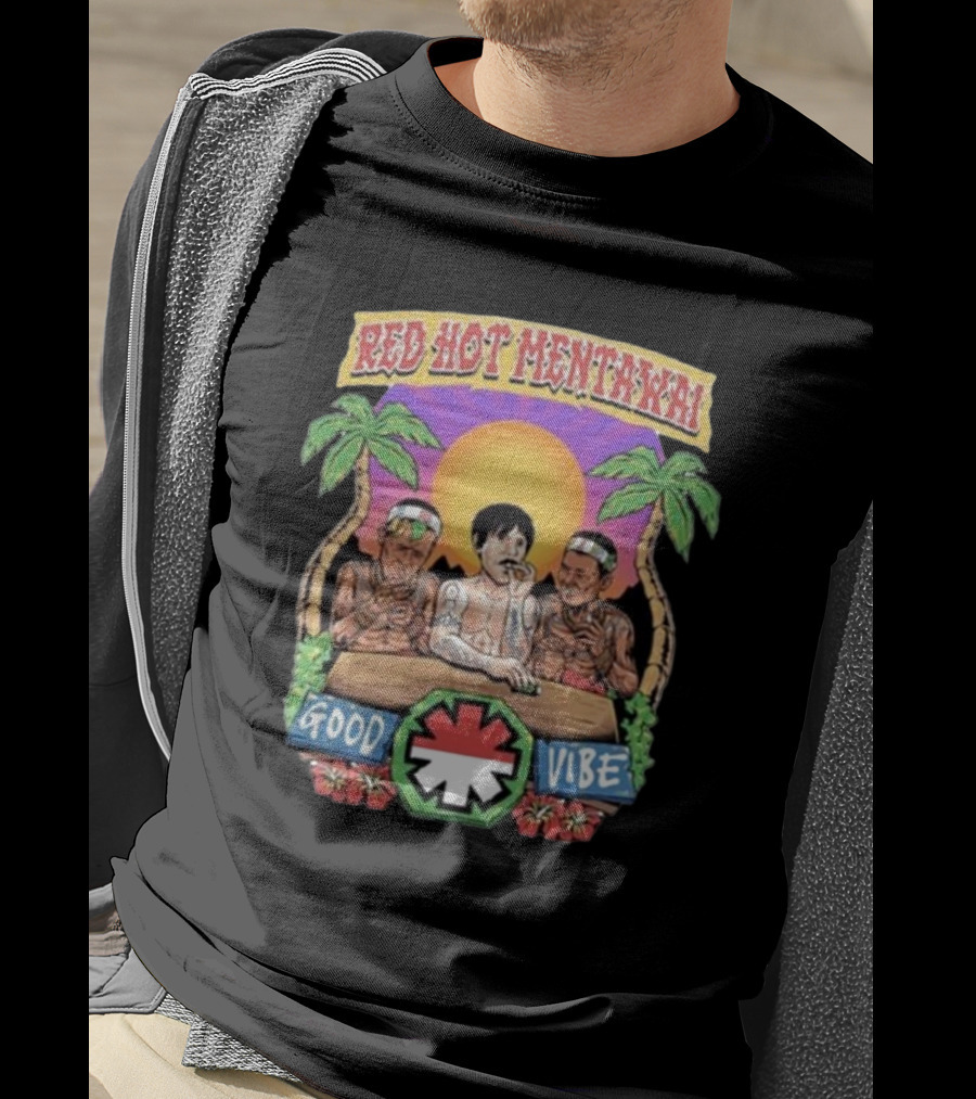 Red Hot Mentawai Good Vibe Sunset Island Scene With Palm Trees And Tattooed Trio T-Shirt