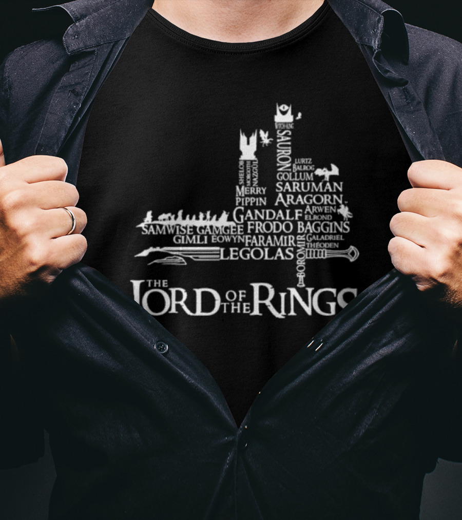 The Lord Of The Rings Characters Legolas Gollum Aragorn Gandalf Frodo Baggins Saruman Sauron Isengard Map T-Shirt