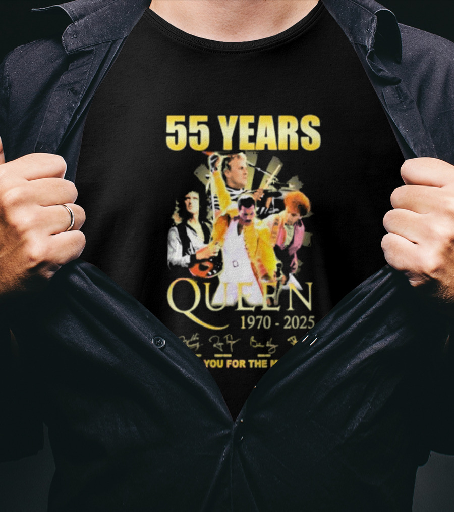 55 Years Queen 1970-2025 Thank You For The Memories Signatures Band Collage T-Shirt