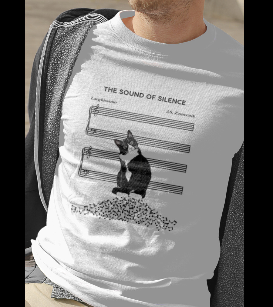 Black Cat Sitting On Music Notes The Sound Of Silence J.S. Zamecnik Larghissimo T-Shirt