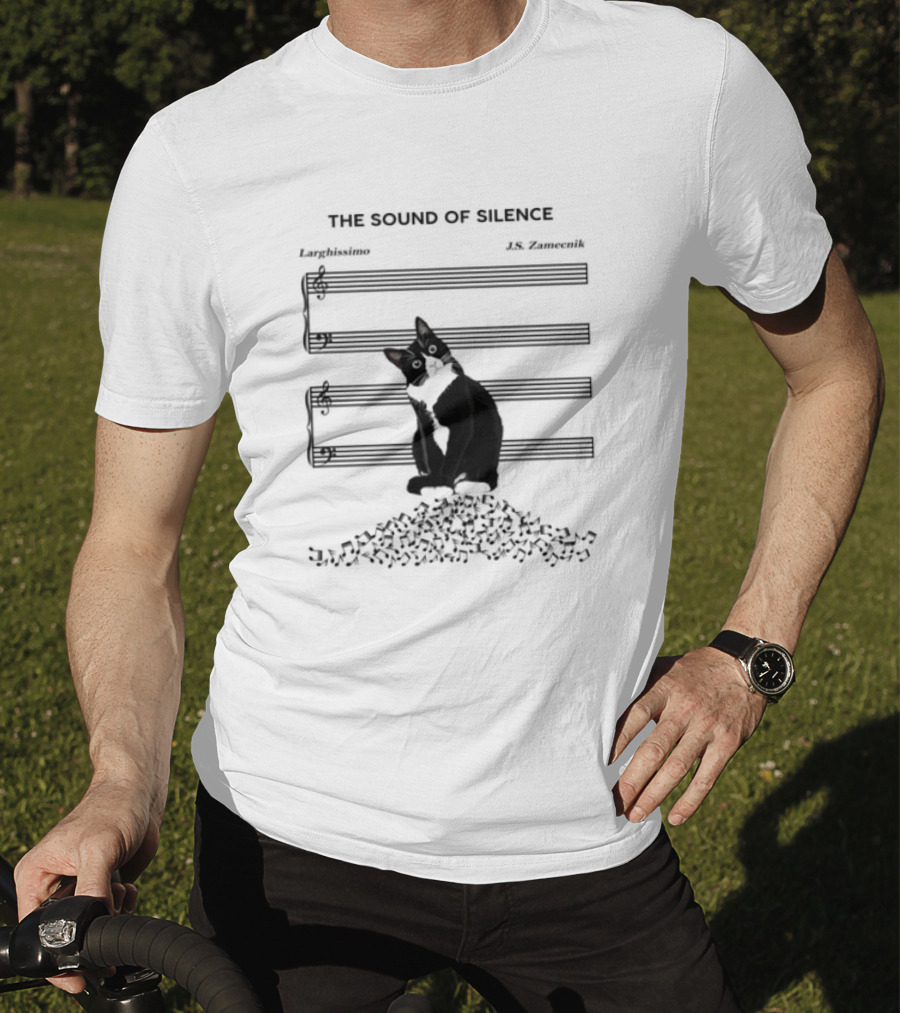 Black Cat Sitting On Music Notes The Sound Of Silence J.S. Zamecnik Larghissimo T-Shirt