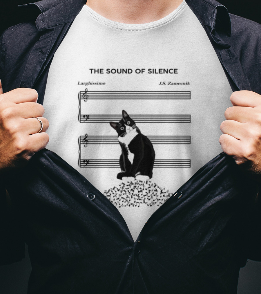 Black Cat Sitting On Music Notes The Sound Of Silence J.S. Zamecnik Larghissimo T-Shirt