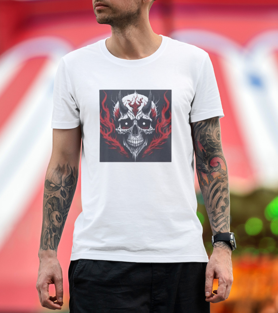Trinity of Darkness Skull Fiery Demonic Horns Flames T-Shirt
