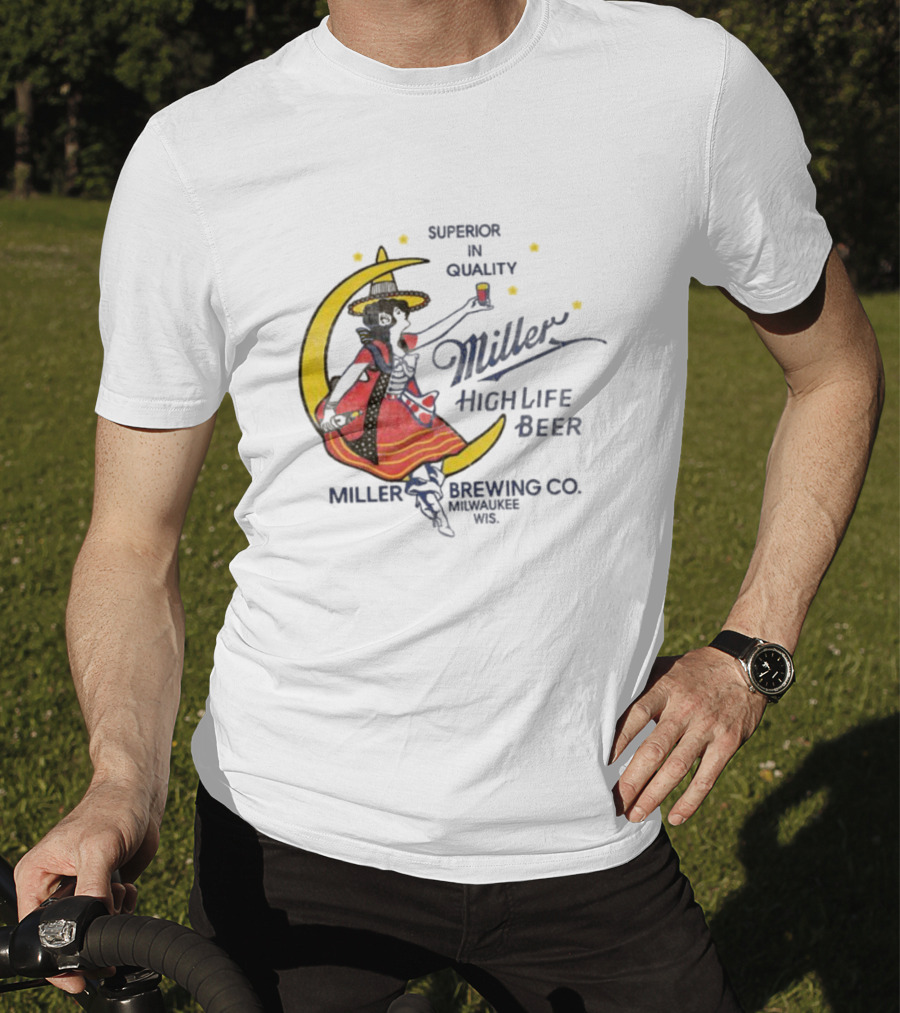Superior Quality Miller High Life Beer Moon Lady Milwaukee Brewing Co T-Shirt