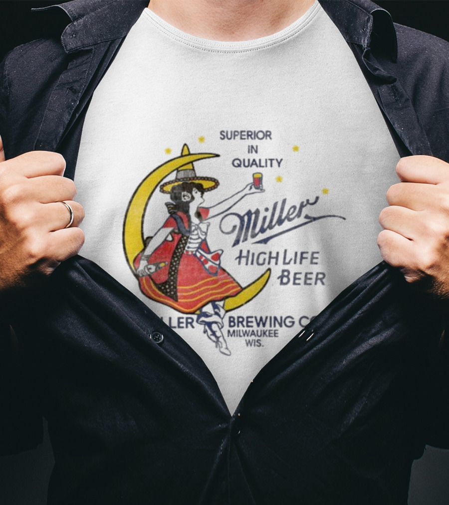 Superior Quality Miller High Life Beer Moon Lady Milwaukee Brewing Co T-Shirt