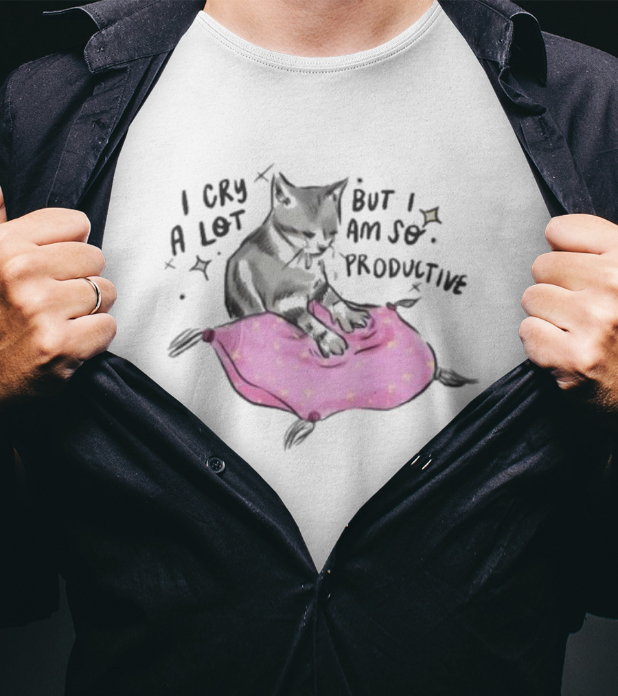 I Cry A Lot But I Am So Productive Funny Cat With Pink Blanket T-Shirt