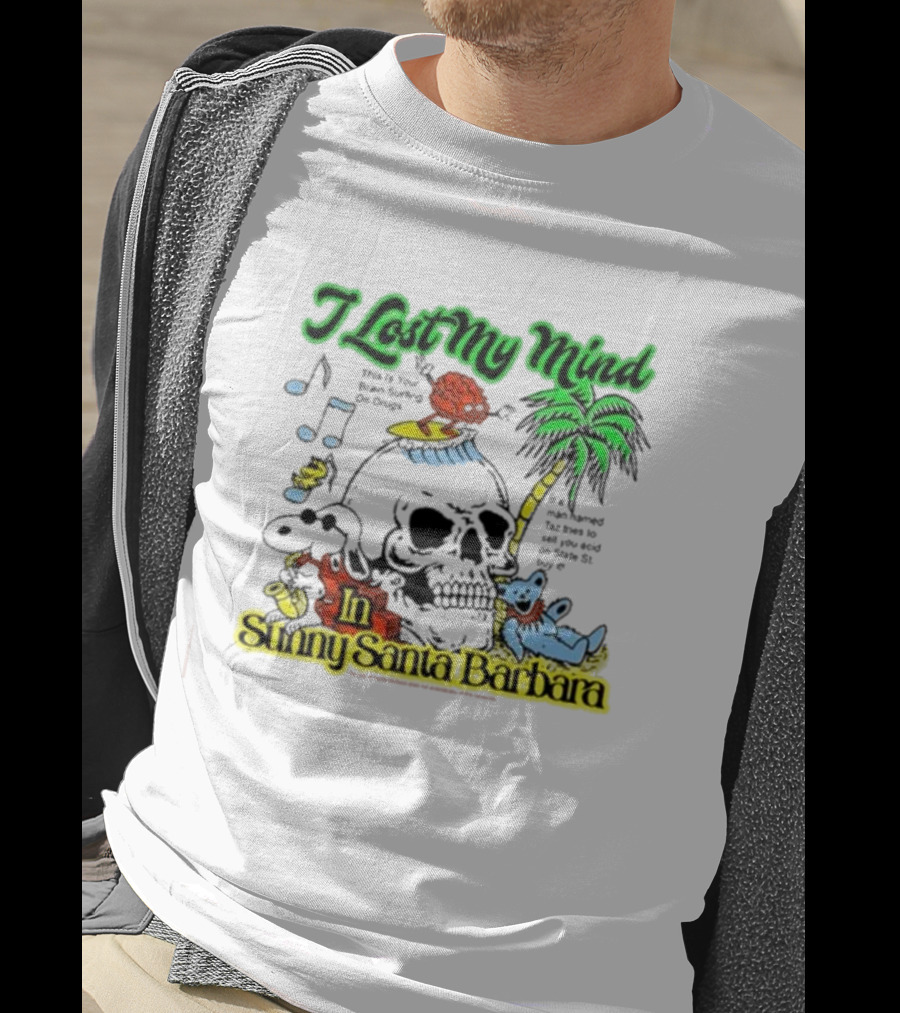 I Lost My Mind In Sunny Santa Barbara Music Skull Palm Beach Bear T-Shirt
