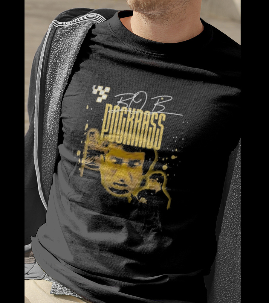 BOB POCKRASS Racing Icon Yellow Portrait Checkerboard Background T-Shirt