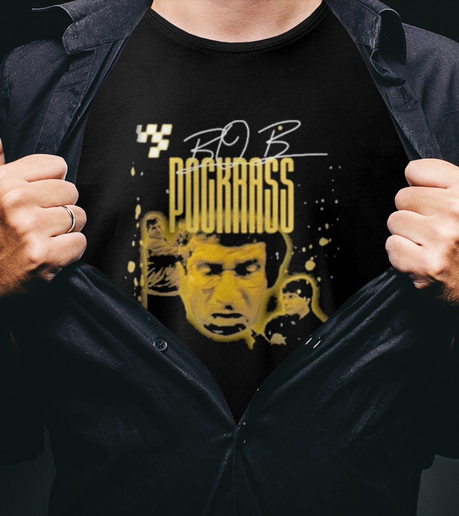 BOB POCKRASS Racing Icon Yellow Portrait Checkerboard Background T-Shirt