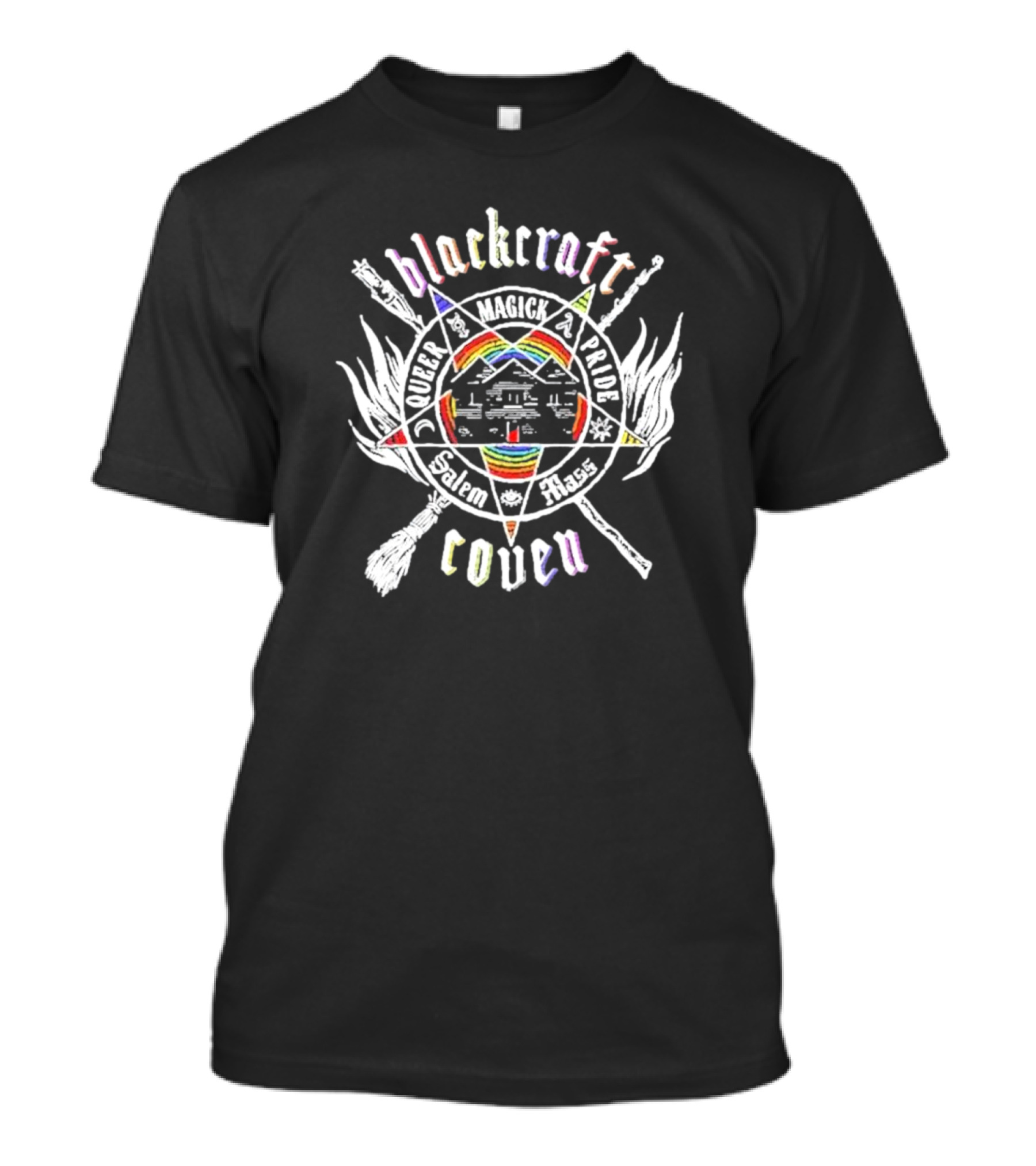 Blackcraft Coven Queer Magick Pride Salem Mass Rainbow Pentagram Broomsticks T-Shirt