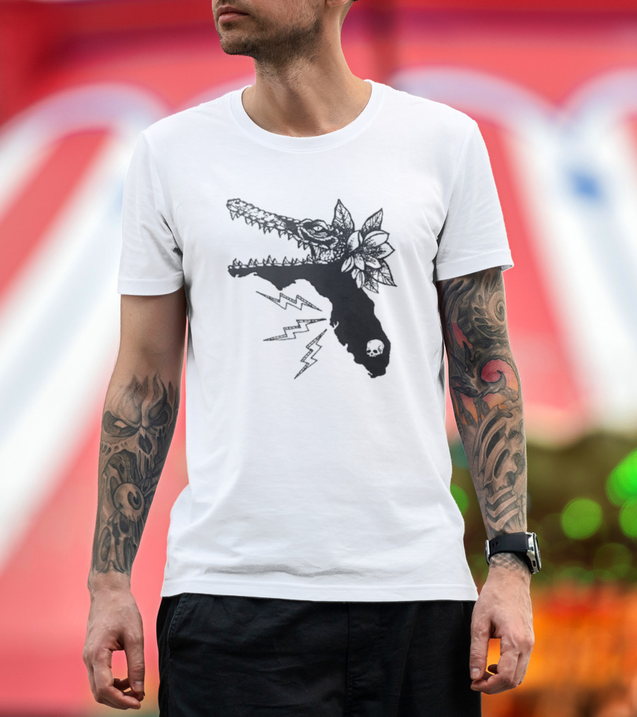 Florida Will Eat You - Alligator Skull Lightning Magnolia Map T-Shirt