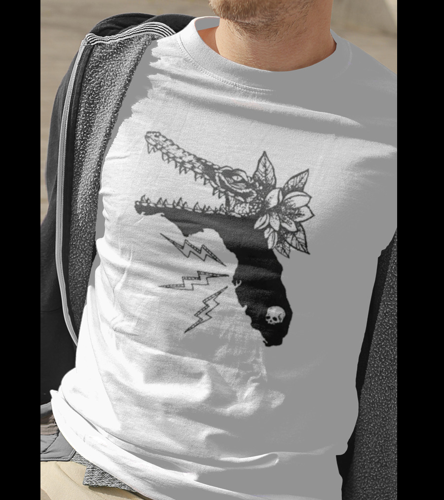 Florida Will Eat You - Alligator Skull Lightning Magnolia Map T-Shirt