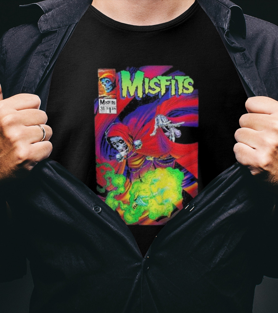 Misfits Yesterdays Death Skeleton Comic Cover 31 Skulls Purple Red Green Smoke T-Shirt