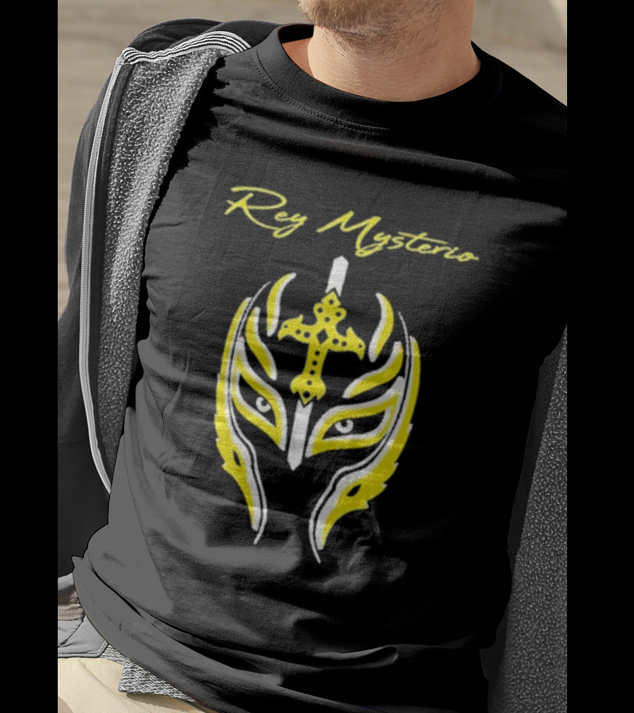 Rey Mysterio Cross Mask Icon With Yellow And White Accents T-Shirt