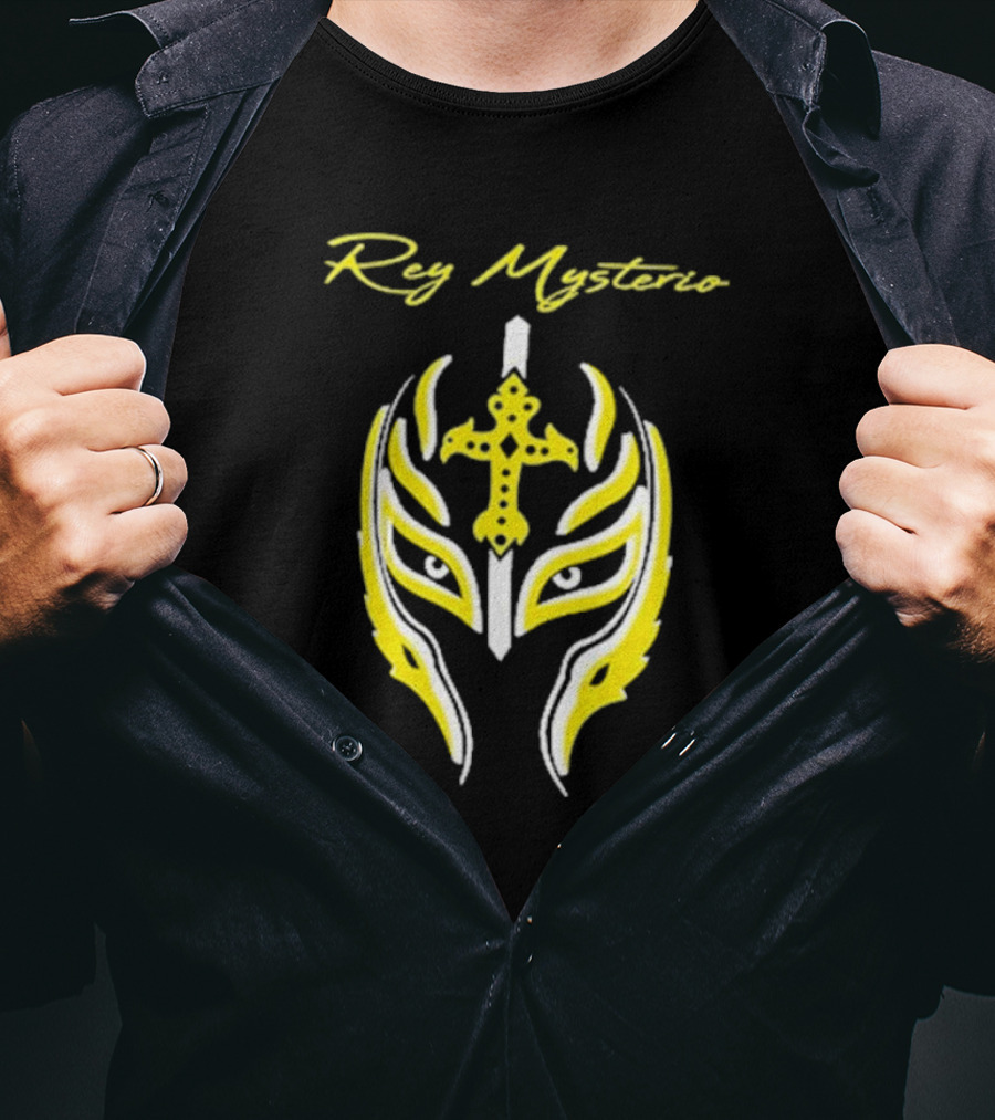 Rey Mysterio Cross Mask Icon With Yellow And White Accents T-Shirt