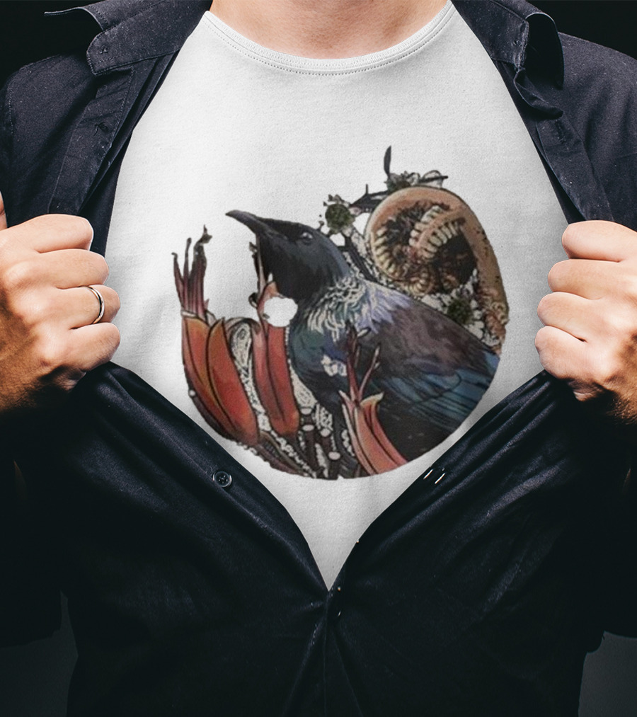 Tui’s Floral Harmony New Zealand Bird And Fern Motif T-Shirt