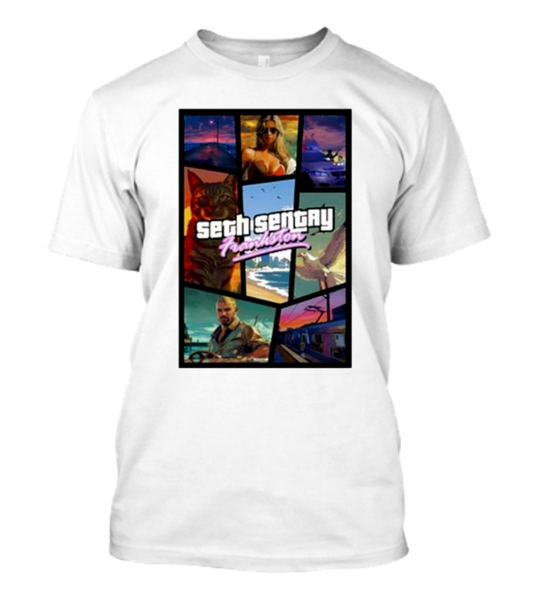 Seth Sentry Frankston GTA Style Art With Cat And City Scenes T-Shirt