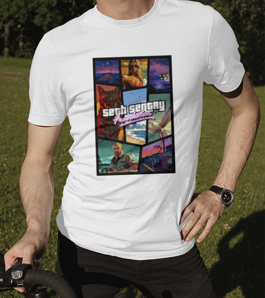 Seth Sentry Frankston GTA Style Art With Cat And City Scenes T-Shirt