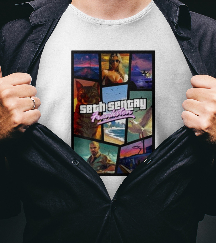 Seth Sentry Frankston GTA Style Art With Cat And City Scenes T-Shirt