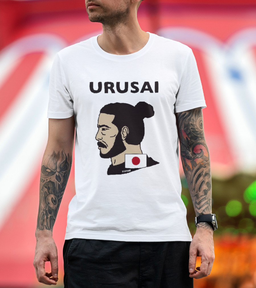 URUSAI Hiragana Ninja Japan Samurai Man Bun Profile with Flag T-Shirt