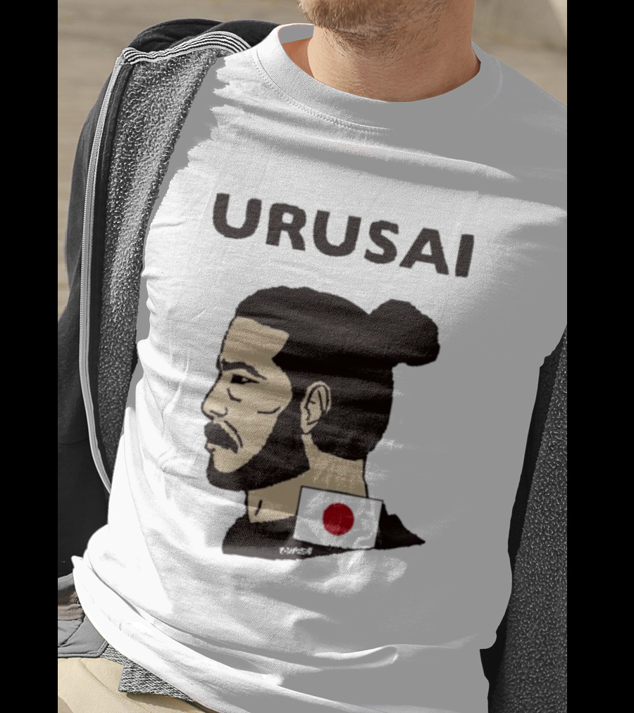URUSAI Hiragana Ninja Japan Samurai Man Bun Profile With Flag T-Shirt