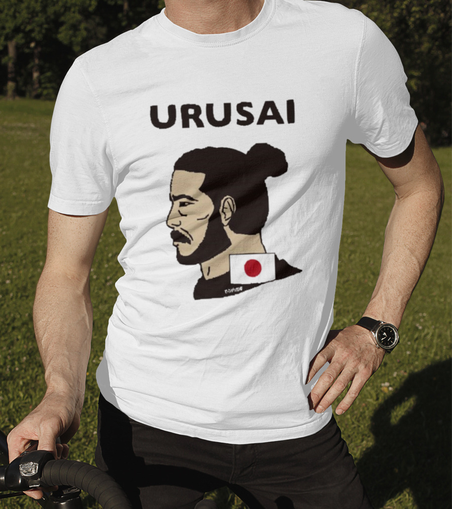 URUSAI Hiragana Ninja Japan Samurai Man Bun Profile With Flag T-Shirt