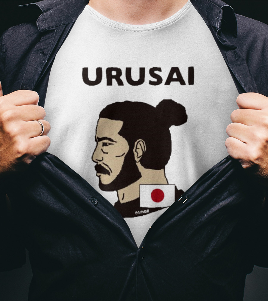 URUSAI Hiragana Ninja Japan Samurai Man Bun Profile With Flag T-Shirt