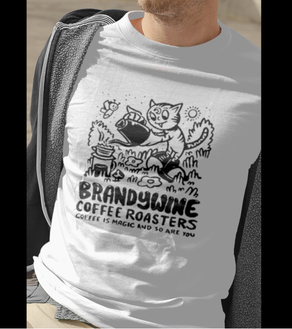 Brandywine Coffee Roasters Coffee Is Magic And So Are You Cat Pouring Coffee Outdoor Scene T-Shirt