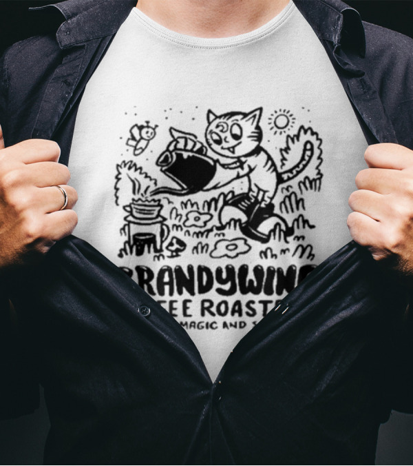 Brandywine Coffee Roasters Coffee Is Magic And So Are You Cat Pouring Coffee Outdoor Scene T-Shirt