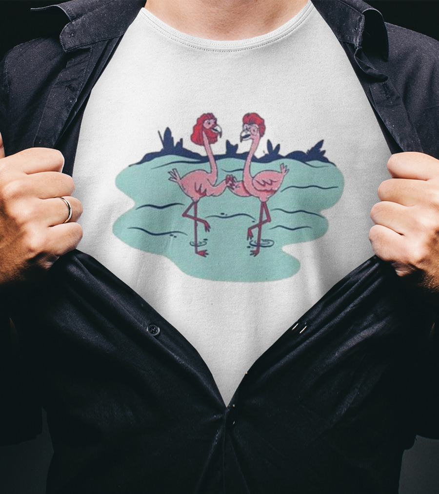 Flamingo Amigos In Blue Water Scene T-Shirt