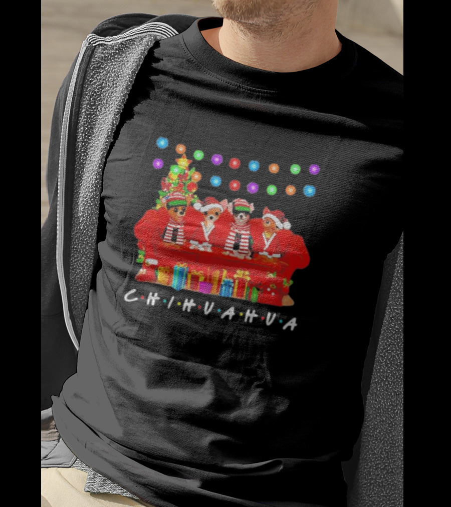 Merry Christmas Chihuahua Friends On Festive Couch With Colorful Lights And Presents T-Shirt