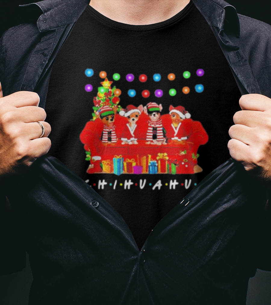 Merry Christmas Chihuahua Friends On Festive Couch With Colorful Lights And Presents T-Shirt
