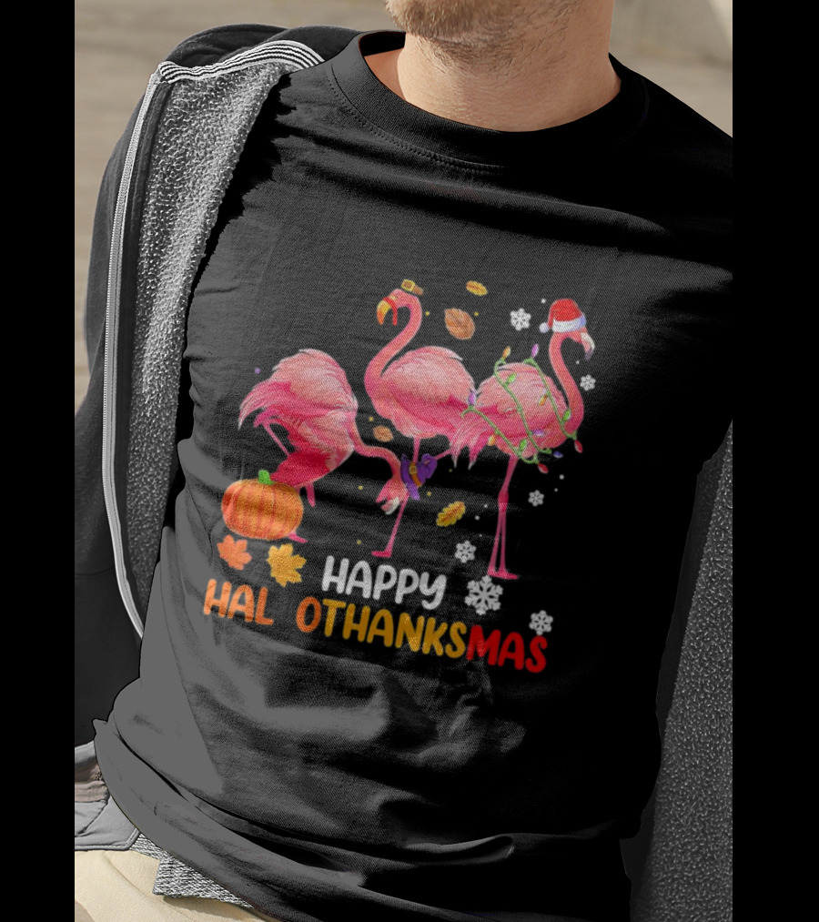 Happy Hallothanksmas Flamingo Halloween Thanksgiving Pumpkin Leaves Snowflakes T-Shirt