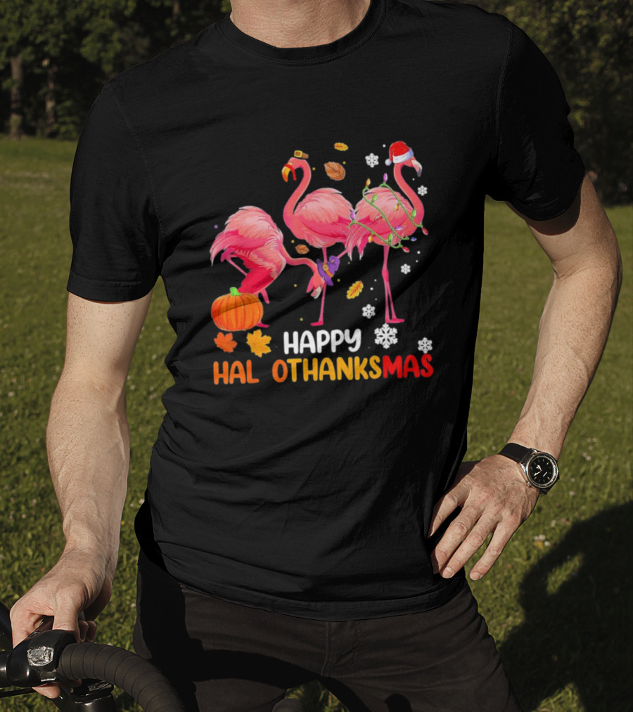 Happy Hallothanksmas Flamingo Halloween Thanksgiving Pumpkin Leaves Snowflakes T-Shirt