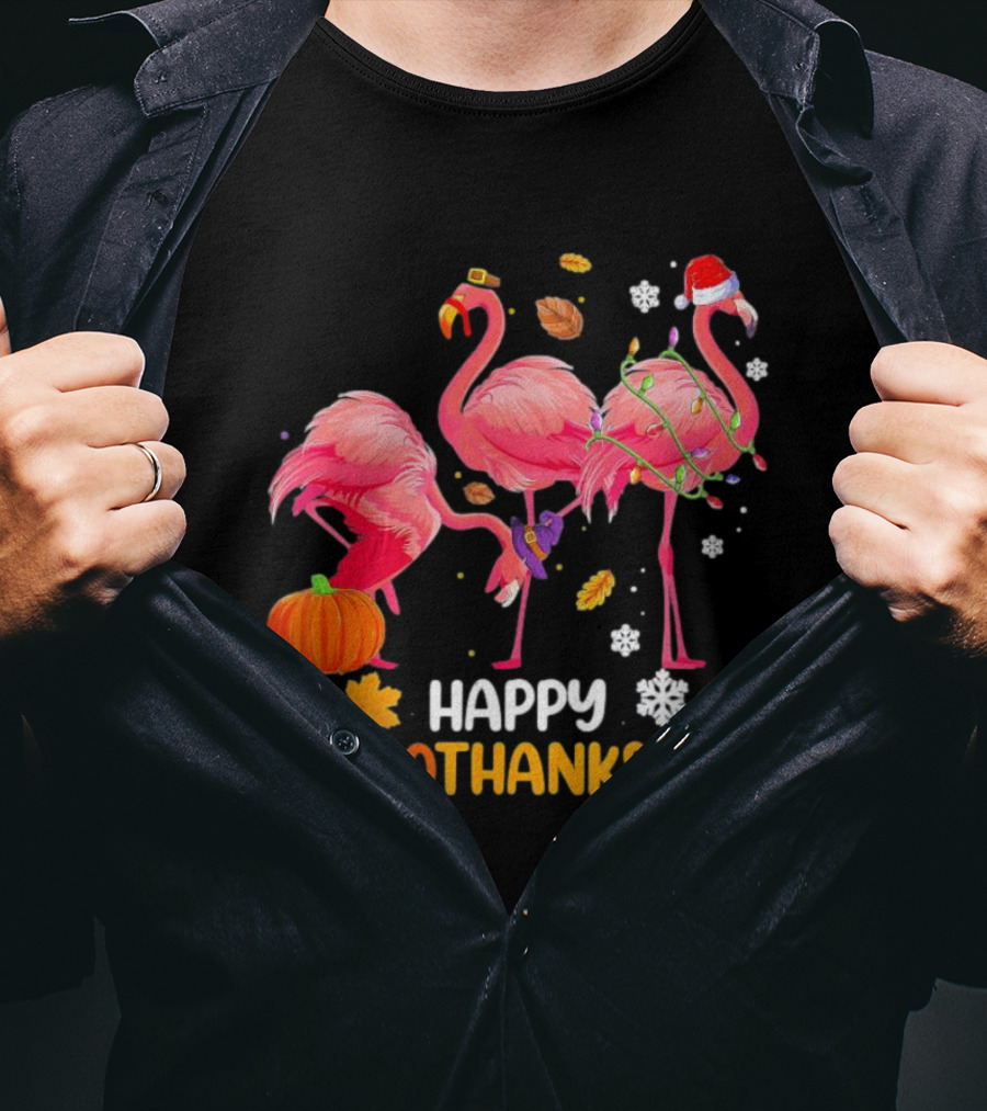 Happy Hallothanksmas Flamingo Halloween Thanksgiving Pumpkin Leaves Snowflakes T-Shirt