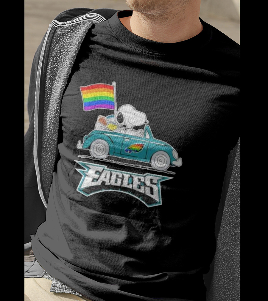 Philadelphia Eagles Pride Month Snoopy And Woodstock Rainbow Flag Parade T-Shirt